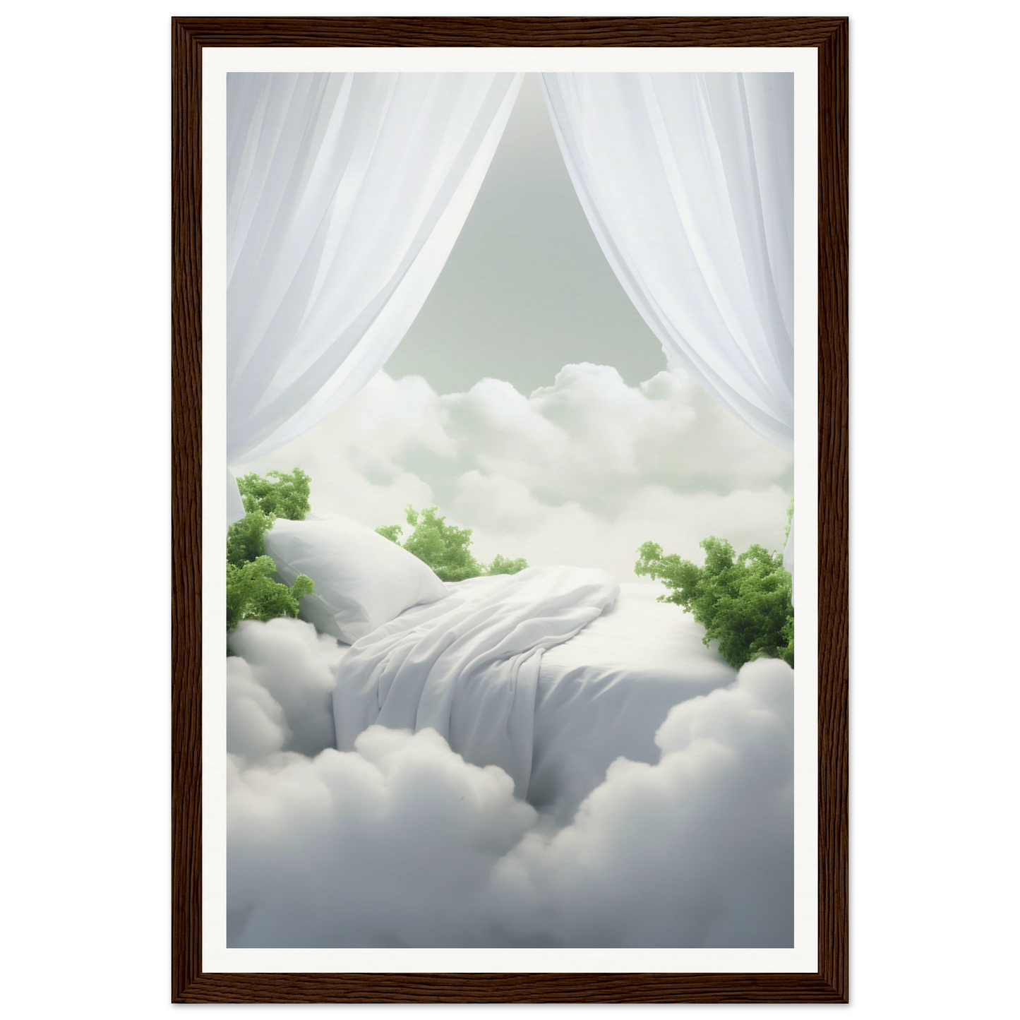 A framed print of a white curtain and a green tree in the sky