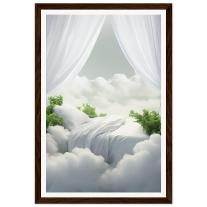 A framed print of a white curtain and a green tree in the sky