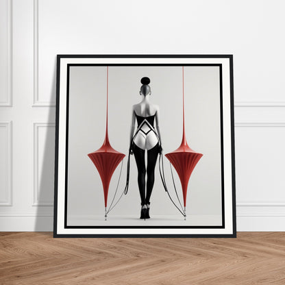 A framed print of a woman in a black and white dress with red chairs