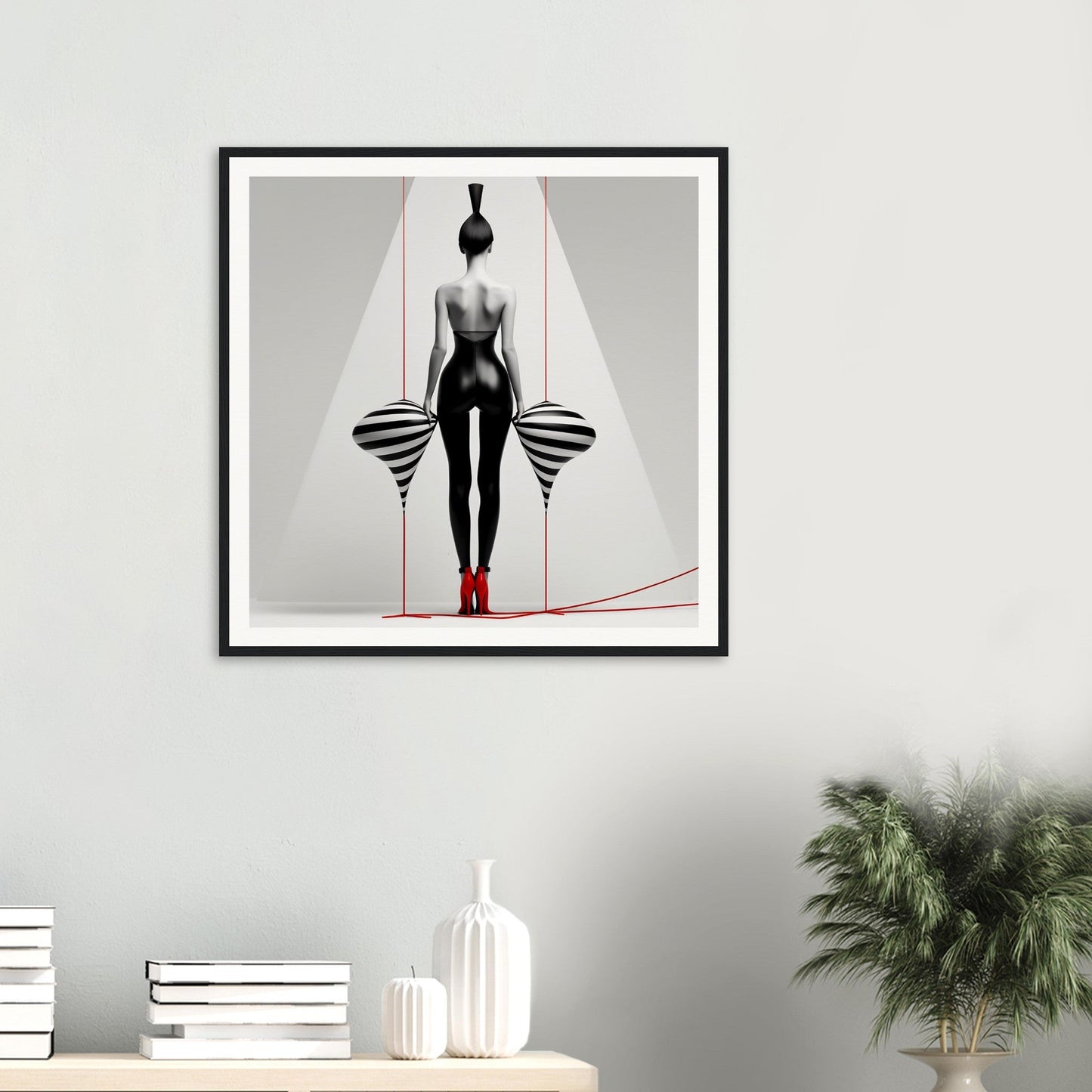 A framed print of a woman in a black dress with red lines