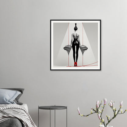 A framed print of a woman in a black and white dress with red lines