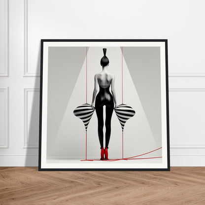 A framed print of a woman in a black and white dress with red shoes