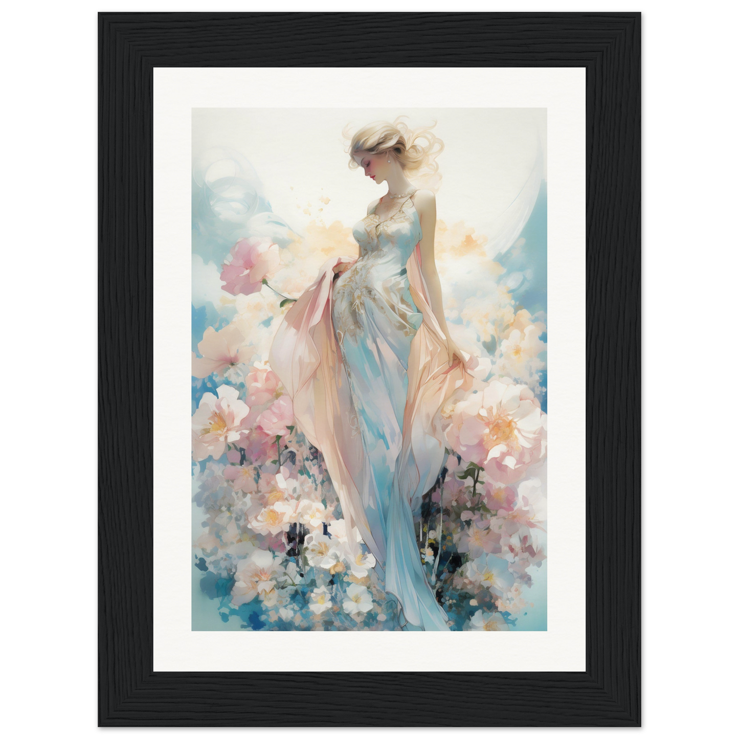 A framed print of a woman in a blue dress with flowers