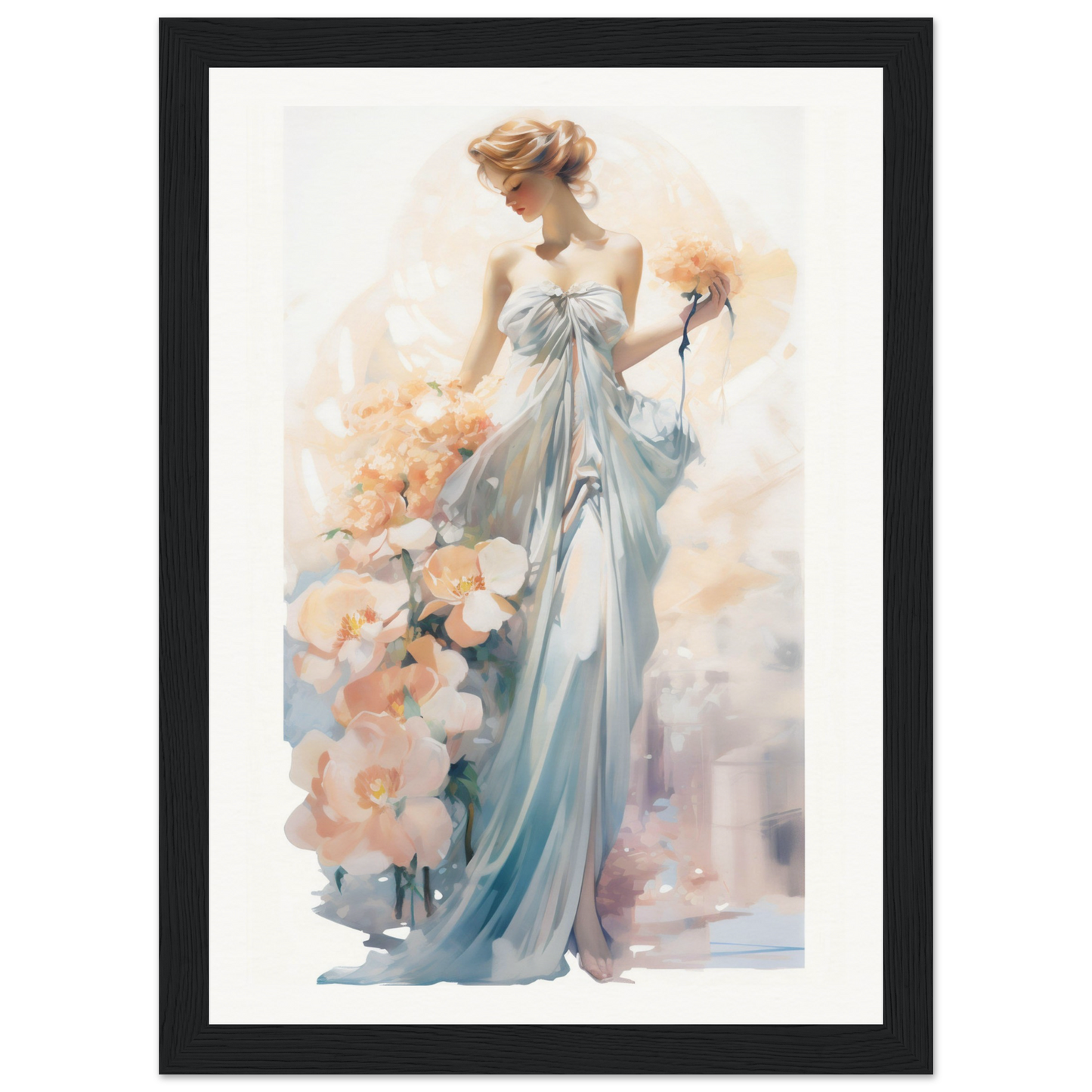 A framed print of a woman in a blue dress holding flowers