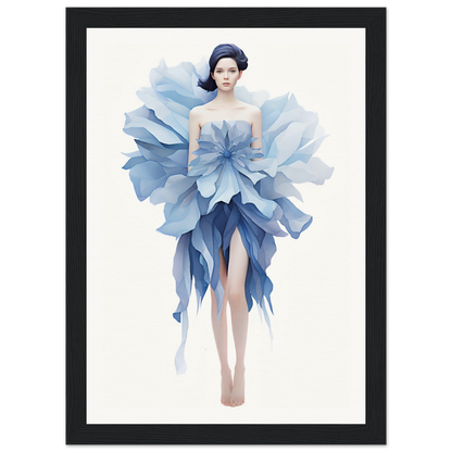 A framed print of a woman in blue paper flowers