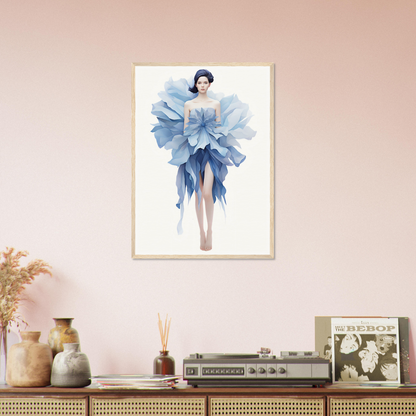 A framed print of a woman in blue dress