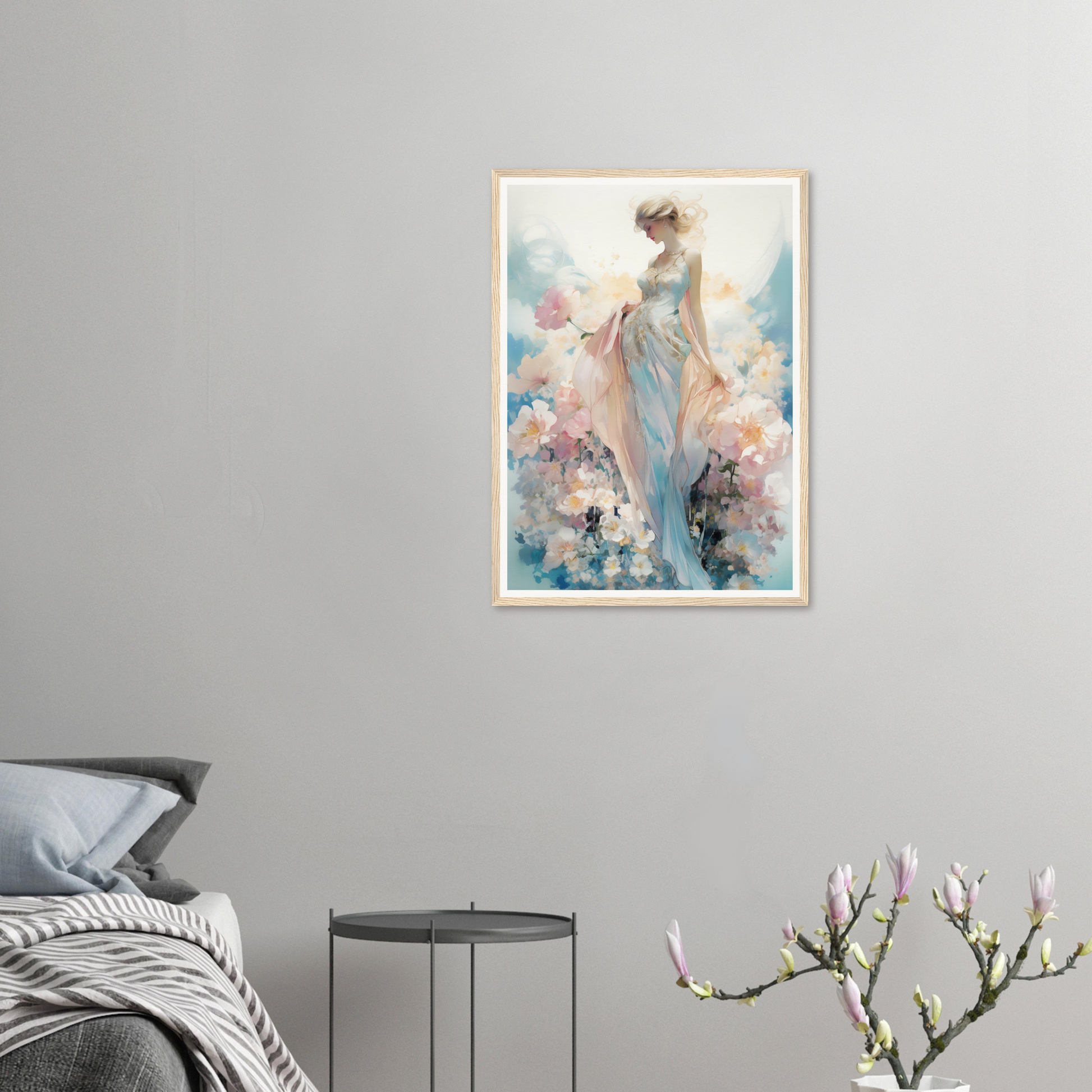 A framed print of a woman in a blue dress with flowers