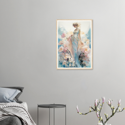 A framed print of a woman in a blue dress with flowers