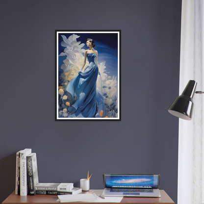 A framed print of a woman in a blue dress with a white dove on her shoulder