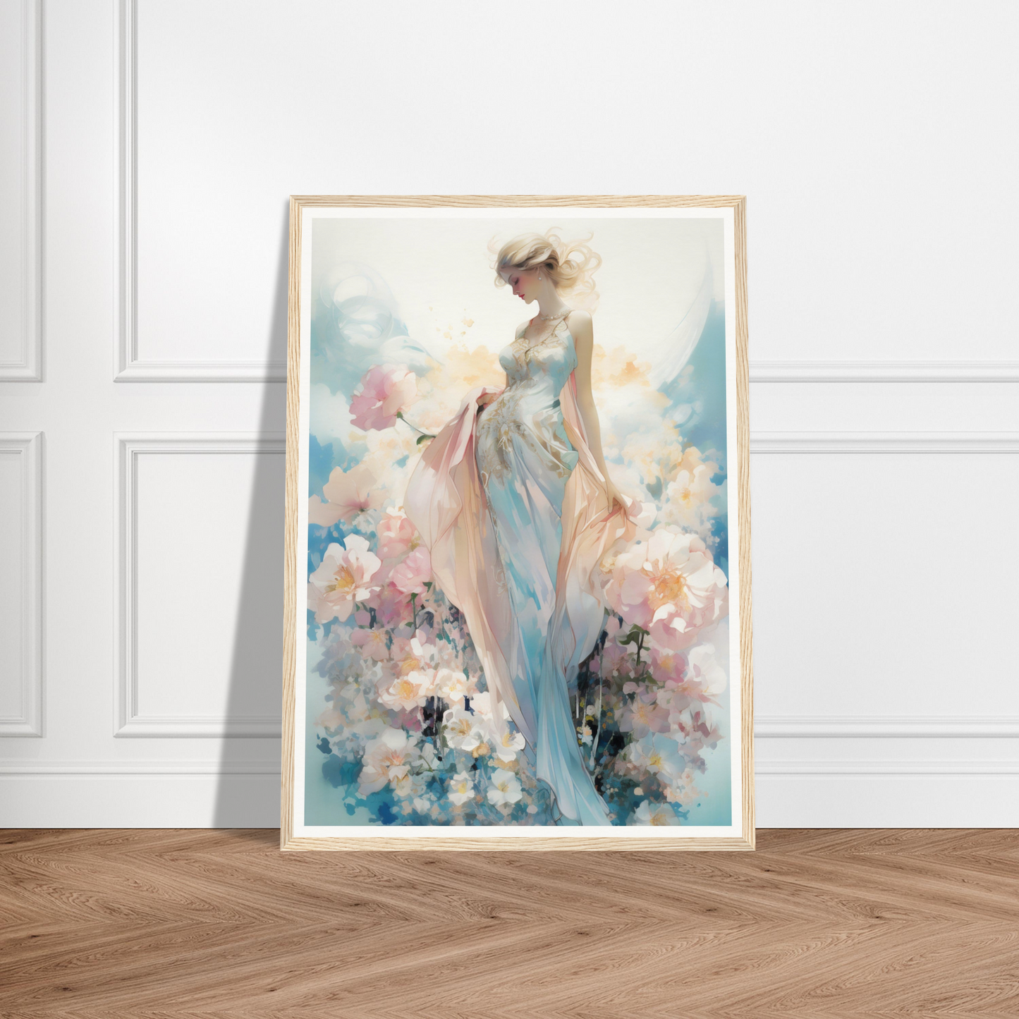 A framed print of a woman in a blue dress with flowers