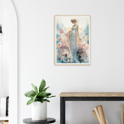 A framed print of a woman in a blue dress with flowers