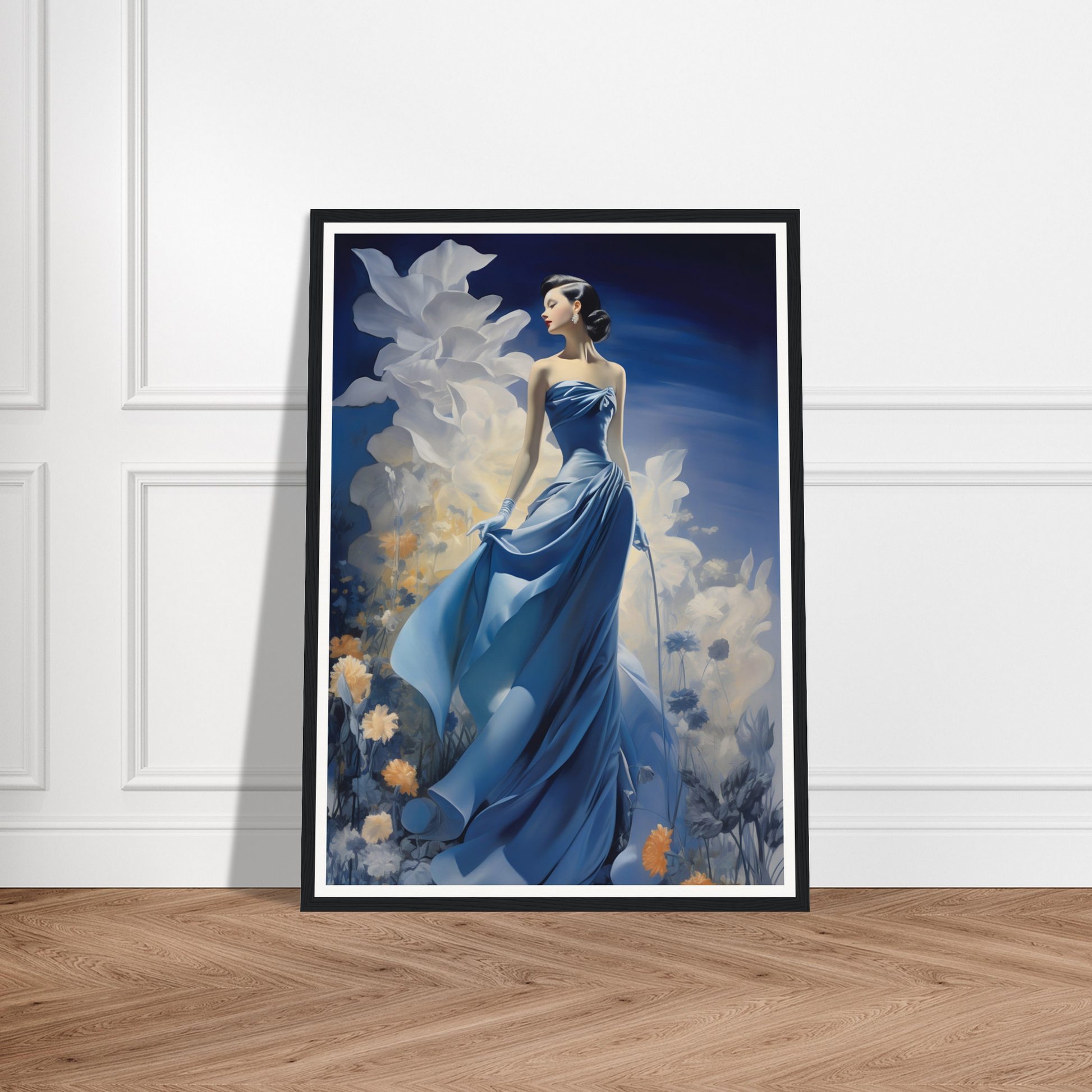 A framed print of a woman in a blue dress standing in front of a white wall