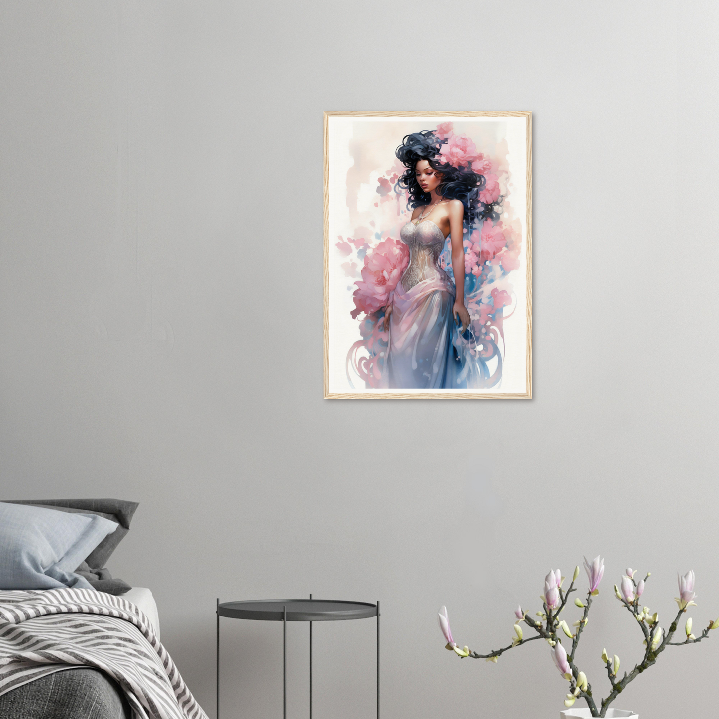 A framed print of a woman in a blue dress with flowers