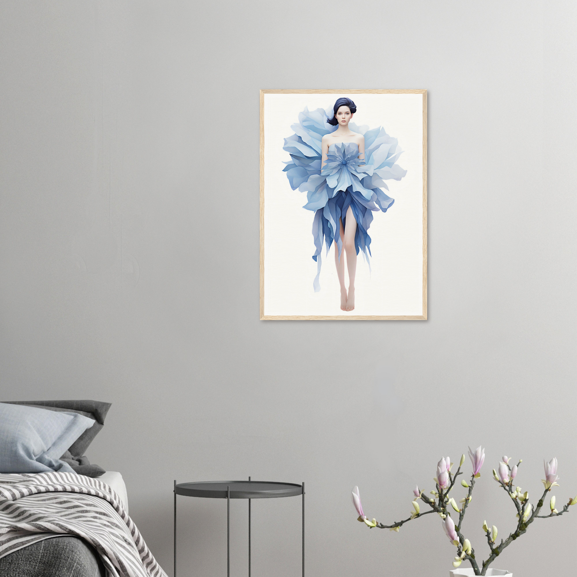 A framed print of a woman in blue dress