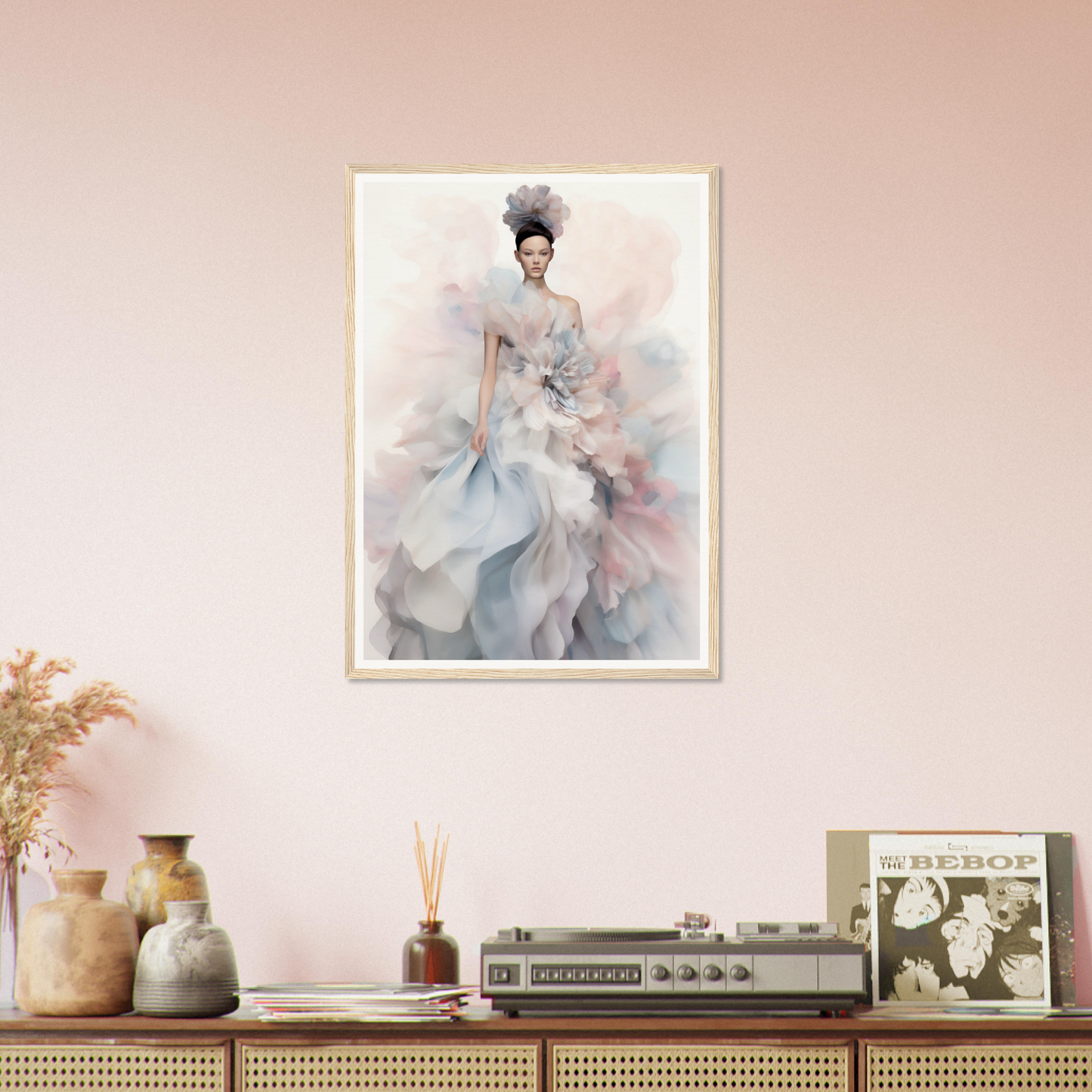 A framed print of a woman in a blue dress