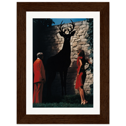 A framed print of a woman and a deer