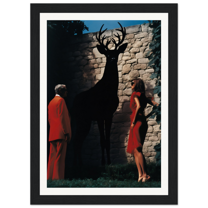 A framed print of a woman and a deer