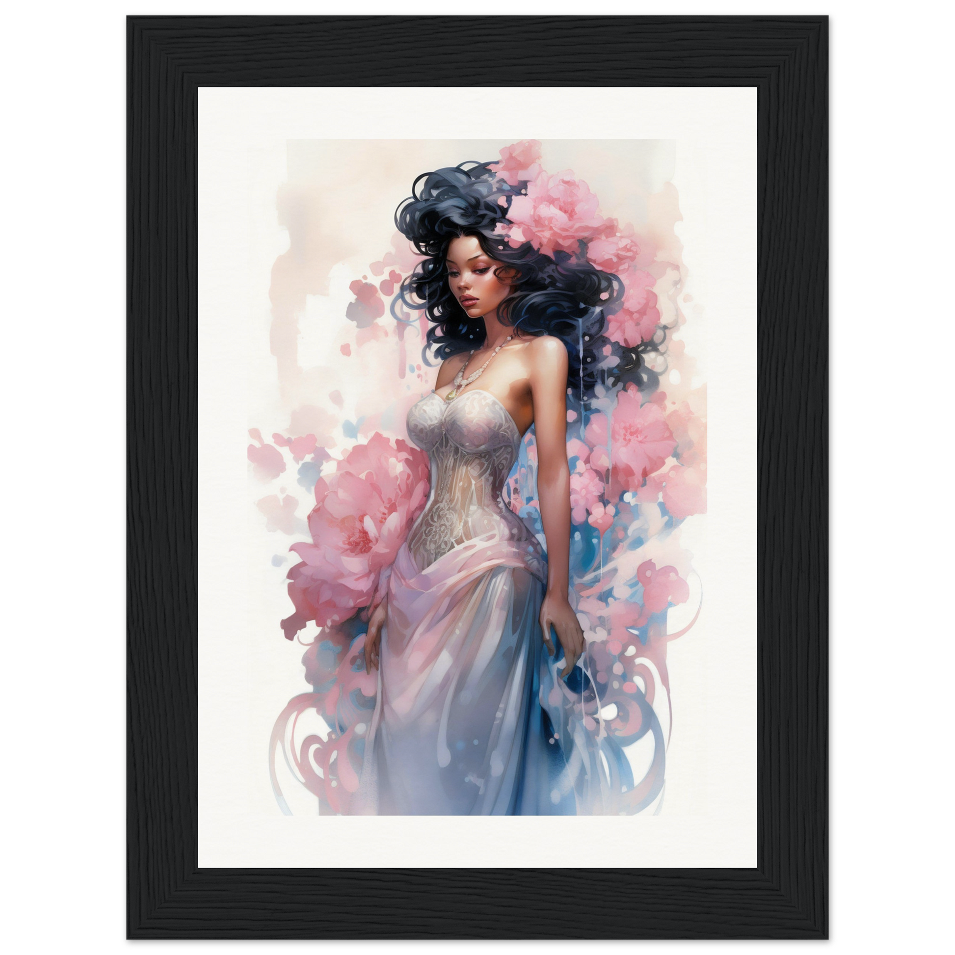 A framed print of a woman in a dress with flowers