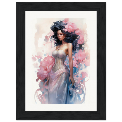 A framed print of a woman in a dress with flowers