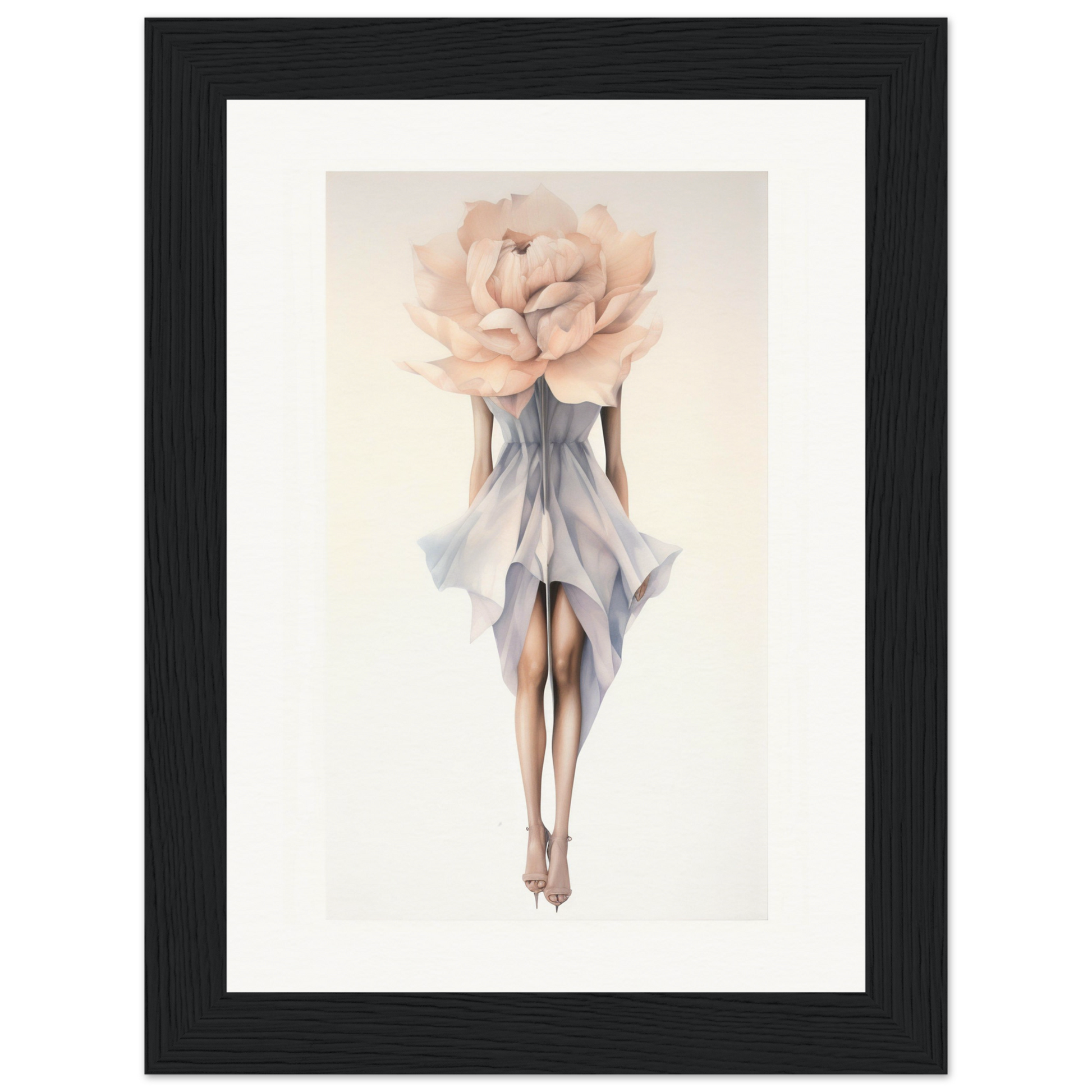 A framed print of a woman in a dress with a large flower