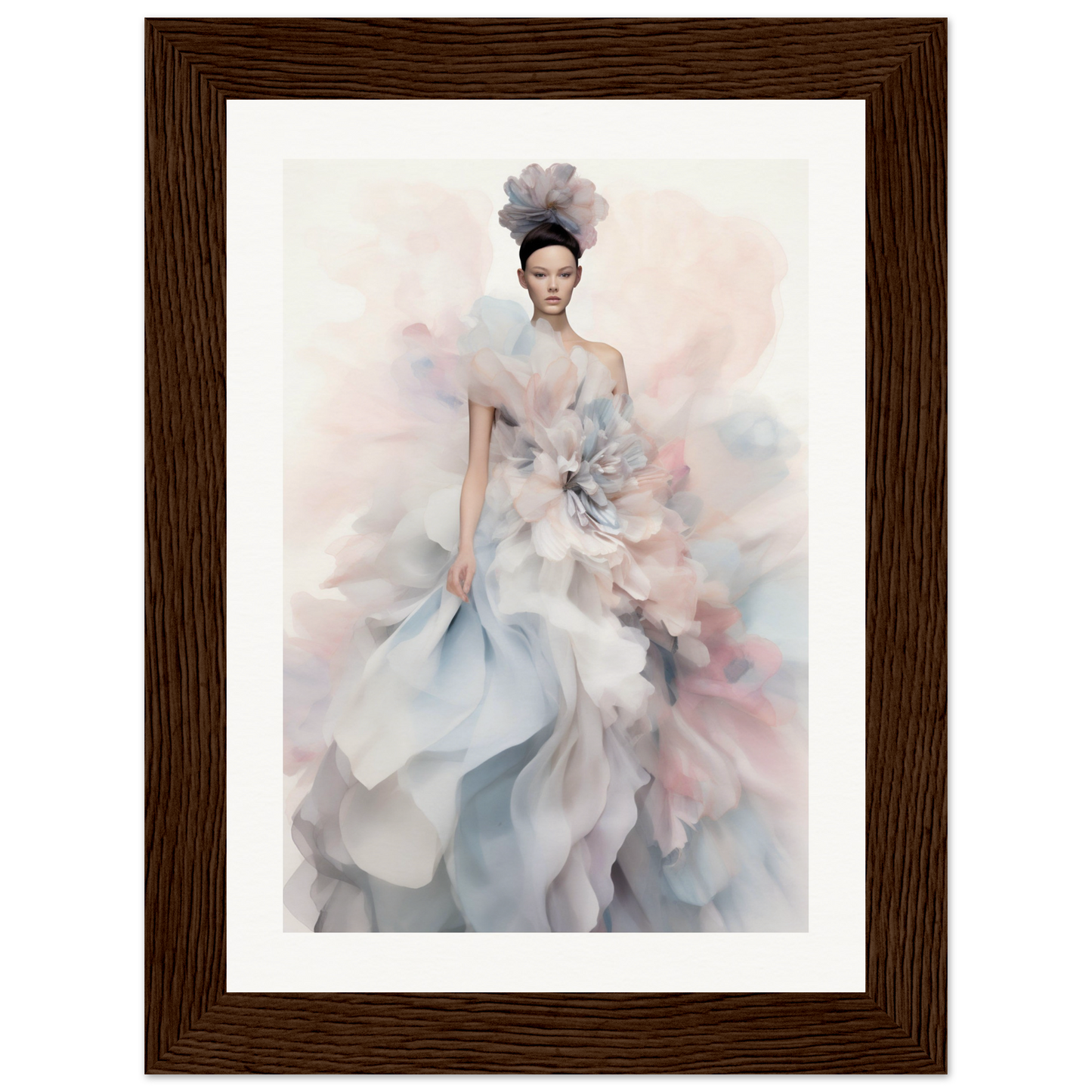 A framed print of a woman in a dress with a flower on it