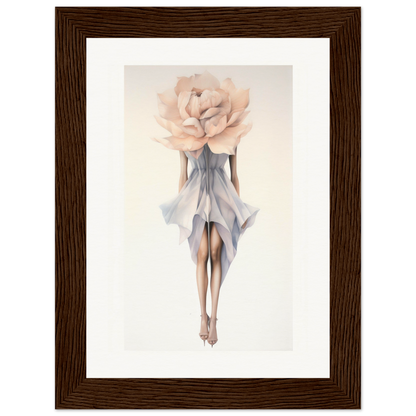 A framed print of a woman in a dress with a large flower