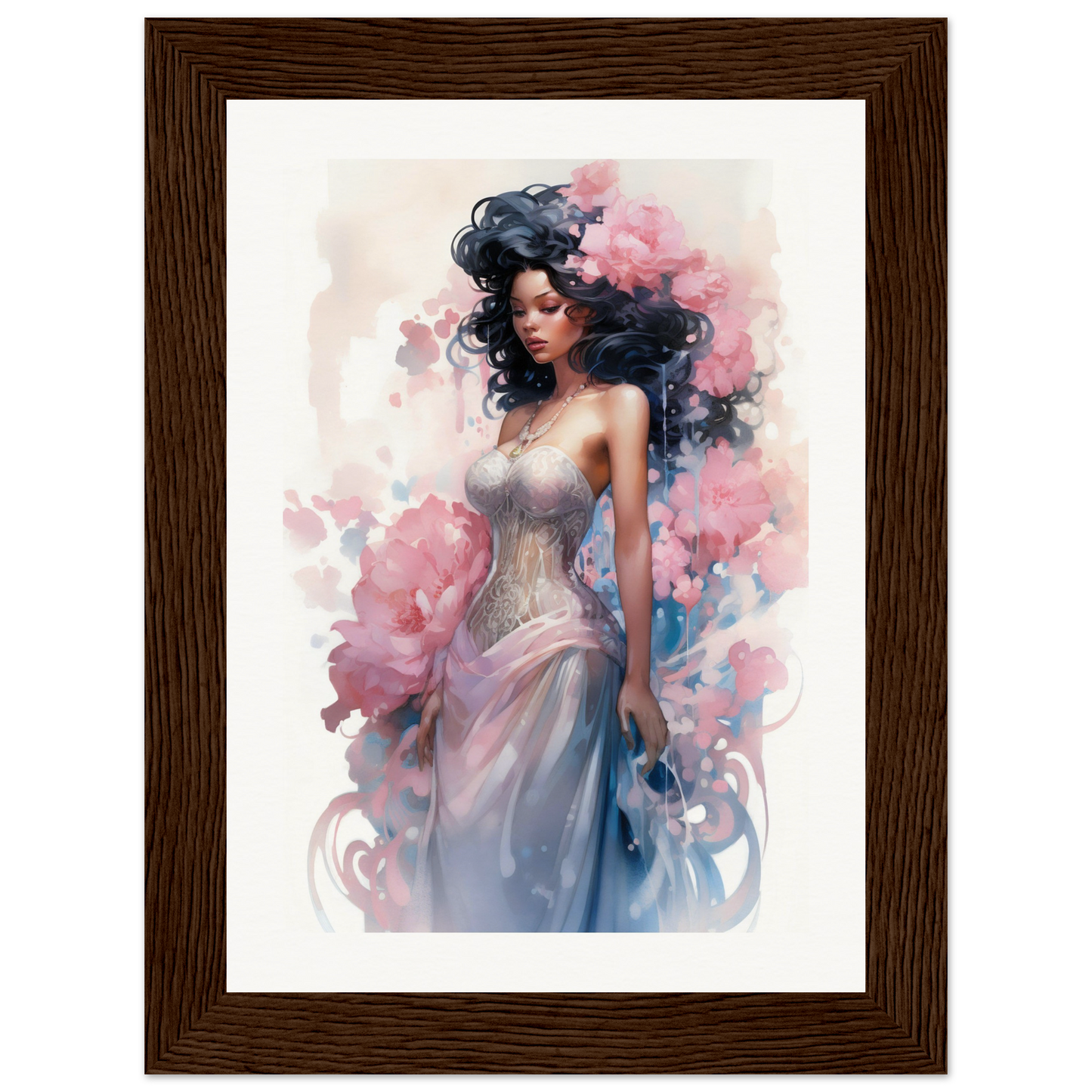 A framed print of a woman in a dress with flowers