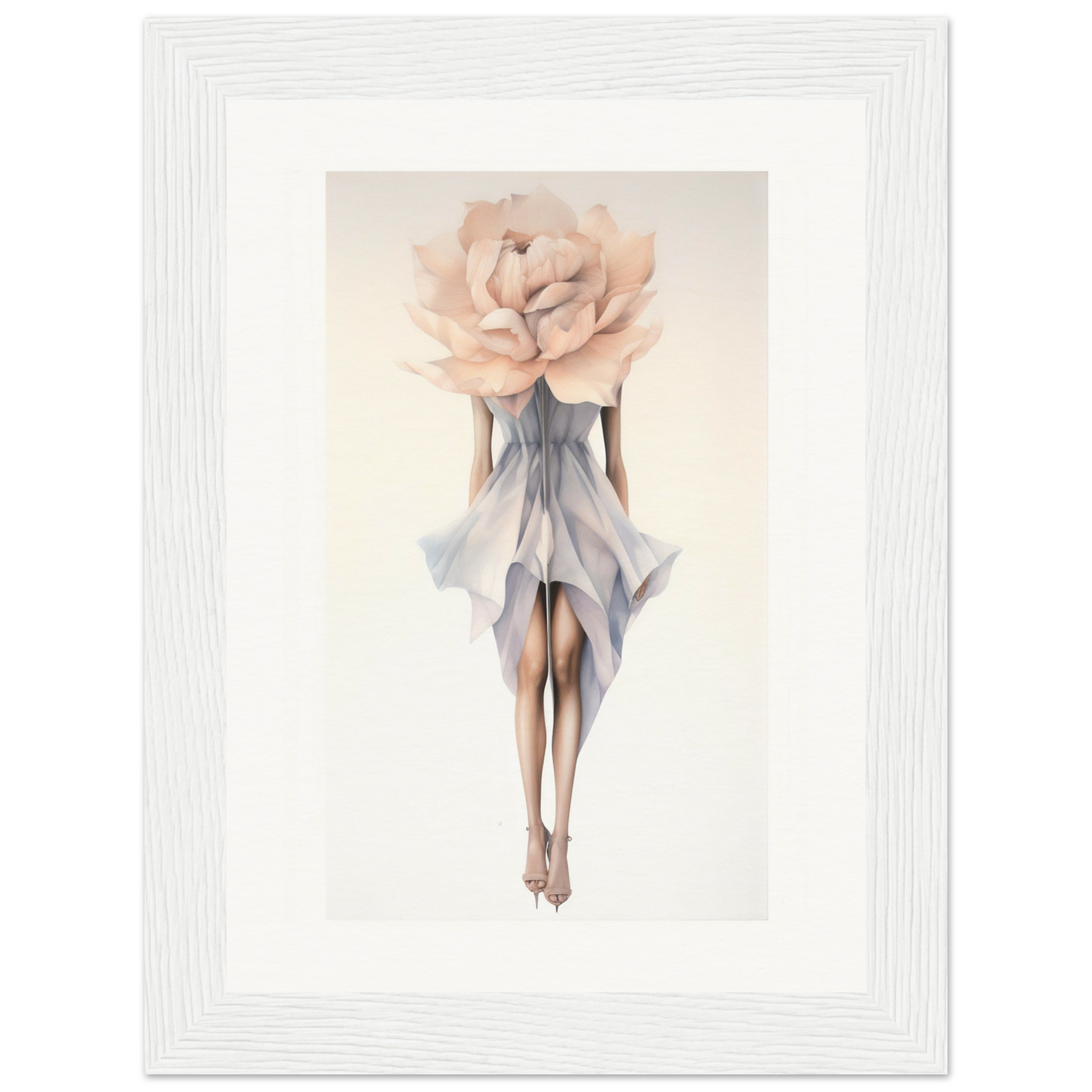 A framed print with a woman in a dress and a flower