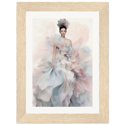 A framed print of a woman in a dress with a flower on it