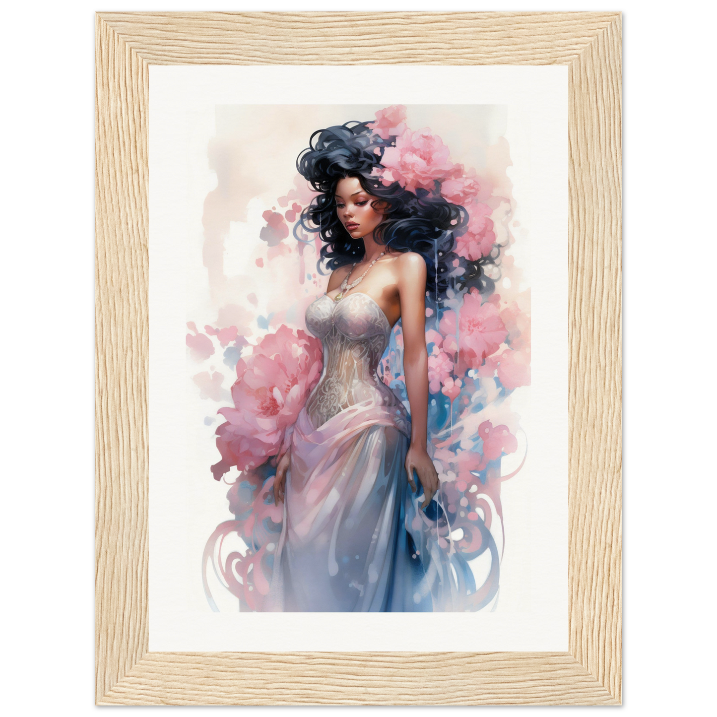 A framed print of a woman in a dress with flowers