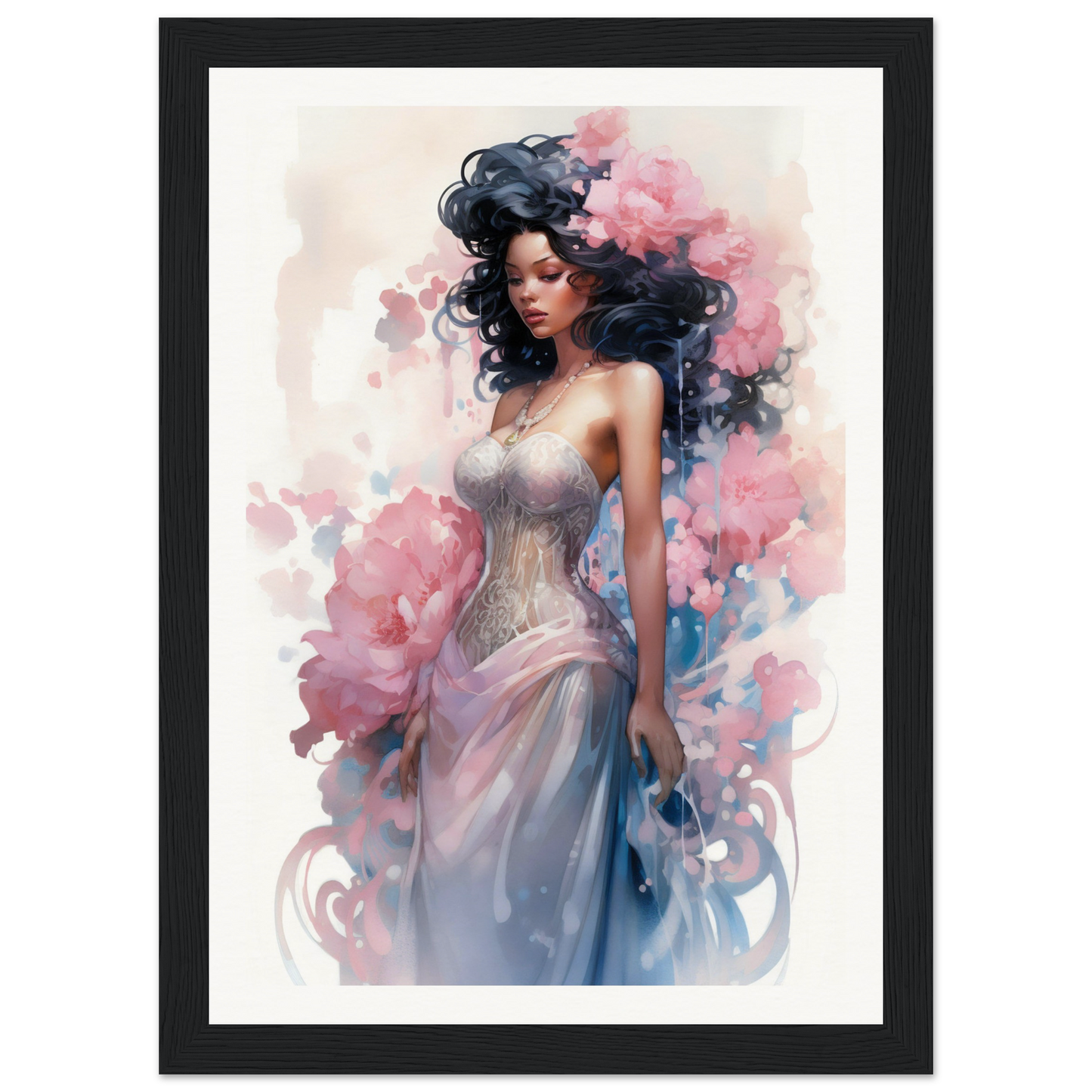 A framed print of a woman in a dress with flowers