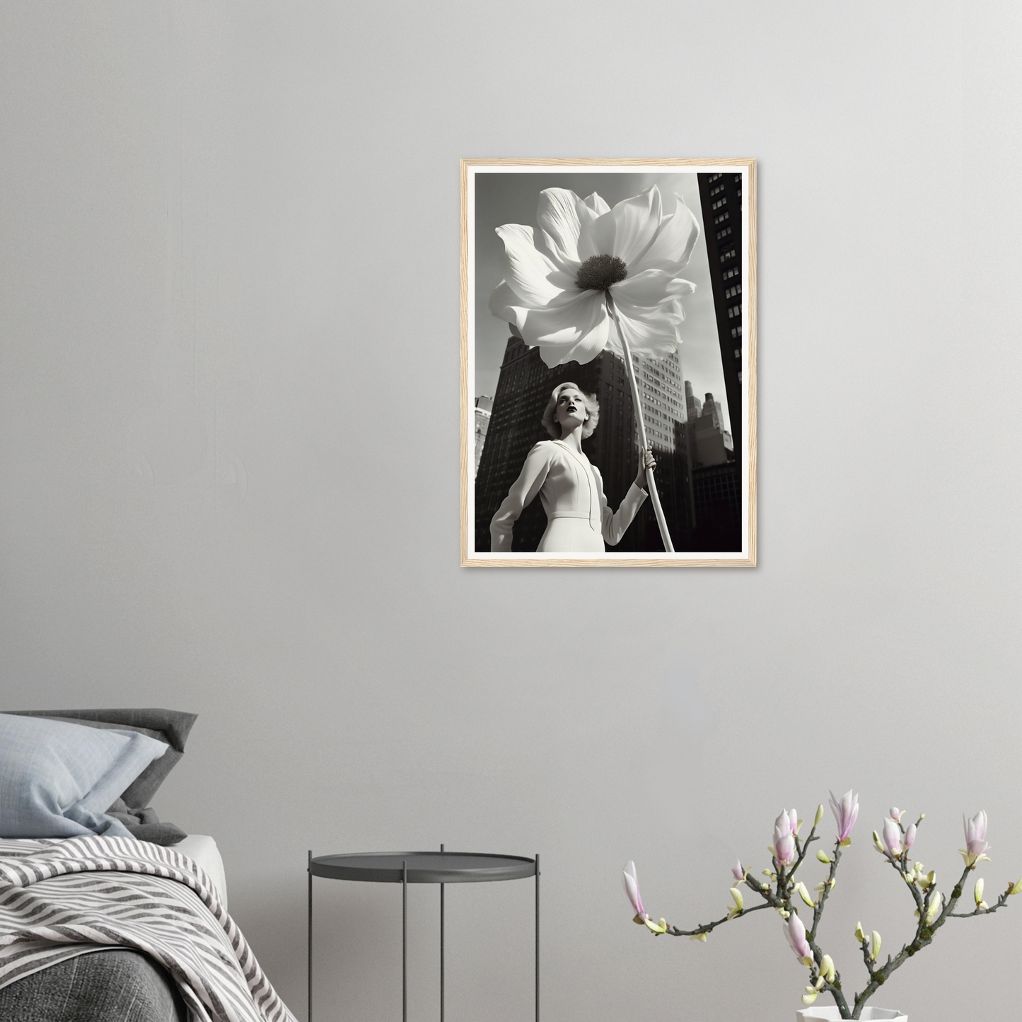 A framed print of a woman with a flower in her hair