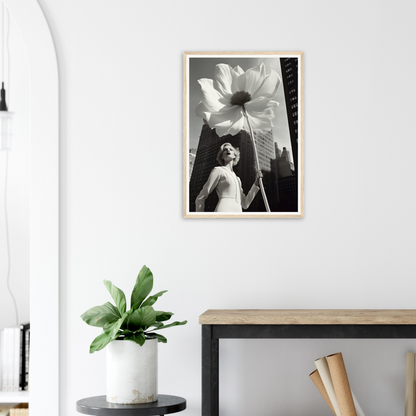 A framed print of a woman holding a flower