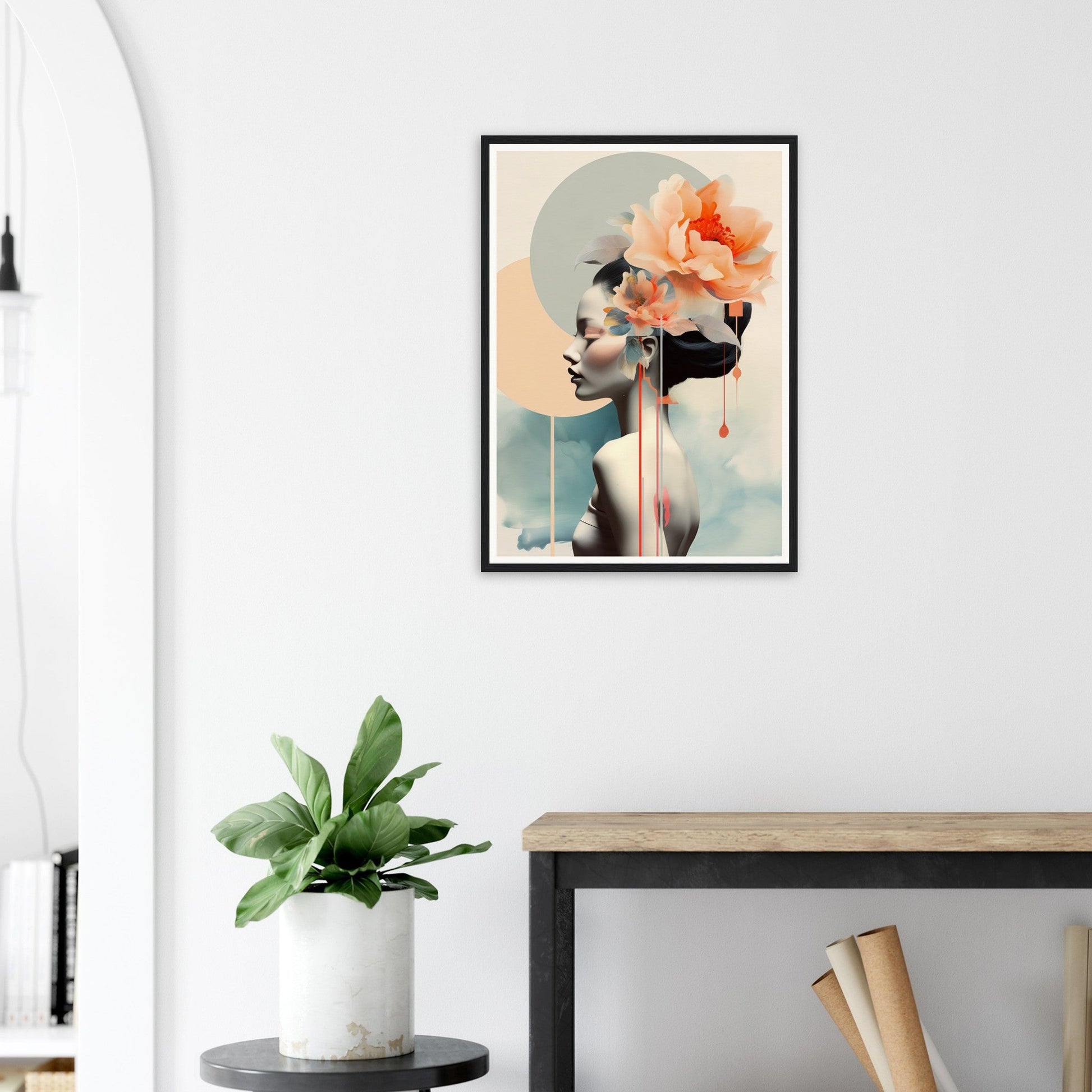 A framed print of a woman with a flower in her hair