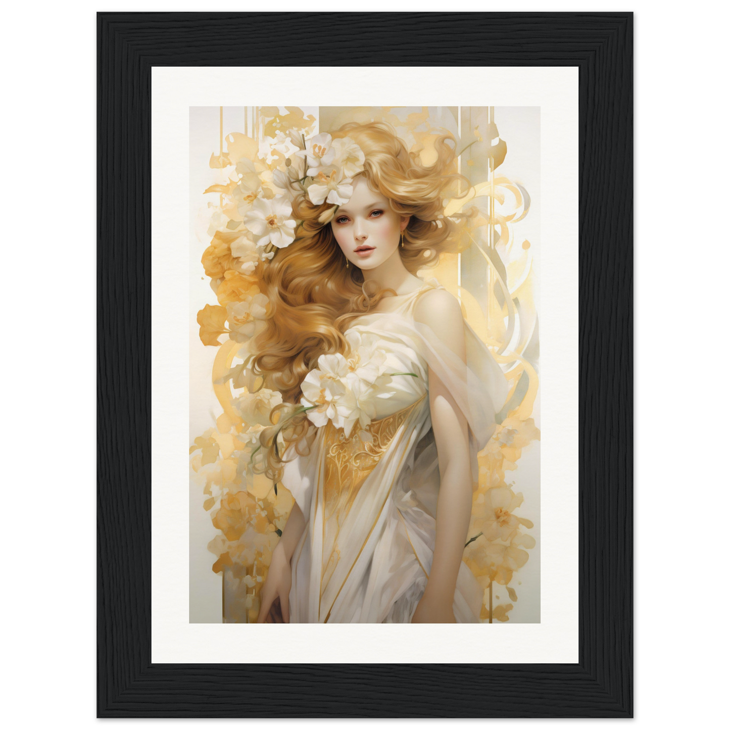 A framed print of a woman with flowers in her hair