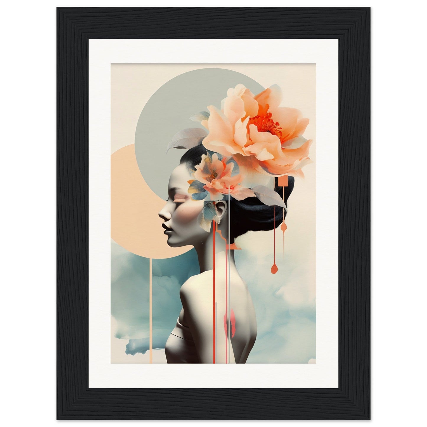 A framed print of a woman with flowers in her hair