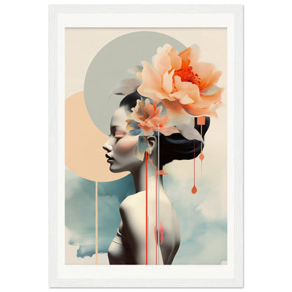 A framed print of a woman with flowers in her hair