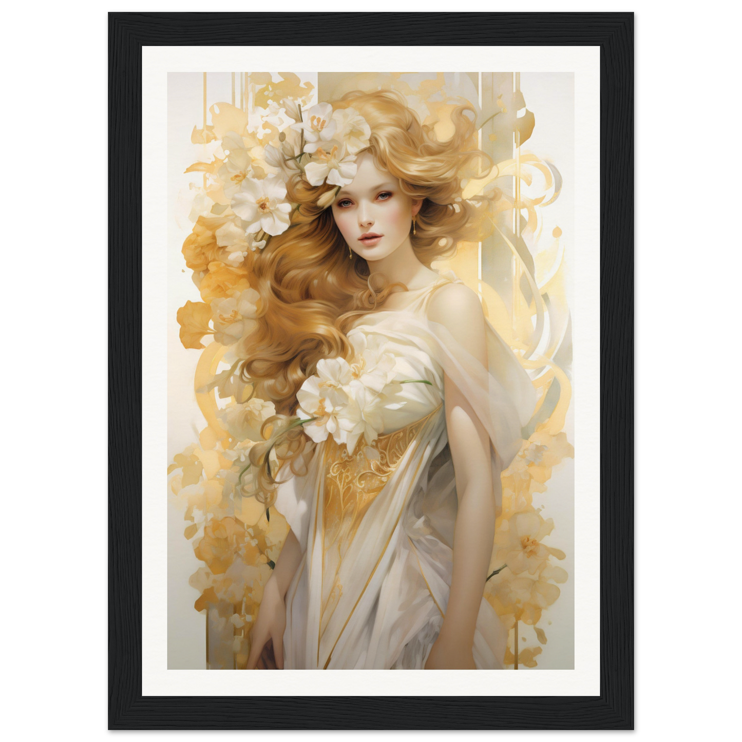 A framed print of a woman with flowers in her hair