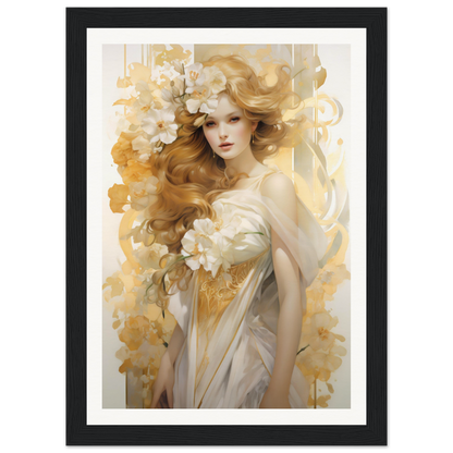 A framed print of a woman with flowers in her hair