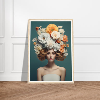 A Flower Head #12 The Oracle Windows™ Collection wall art depicting a woman adorned with flowers on her head, perfect for transforming your space.