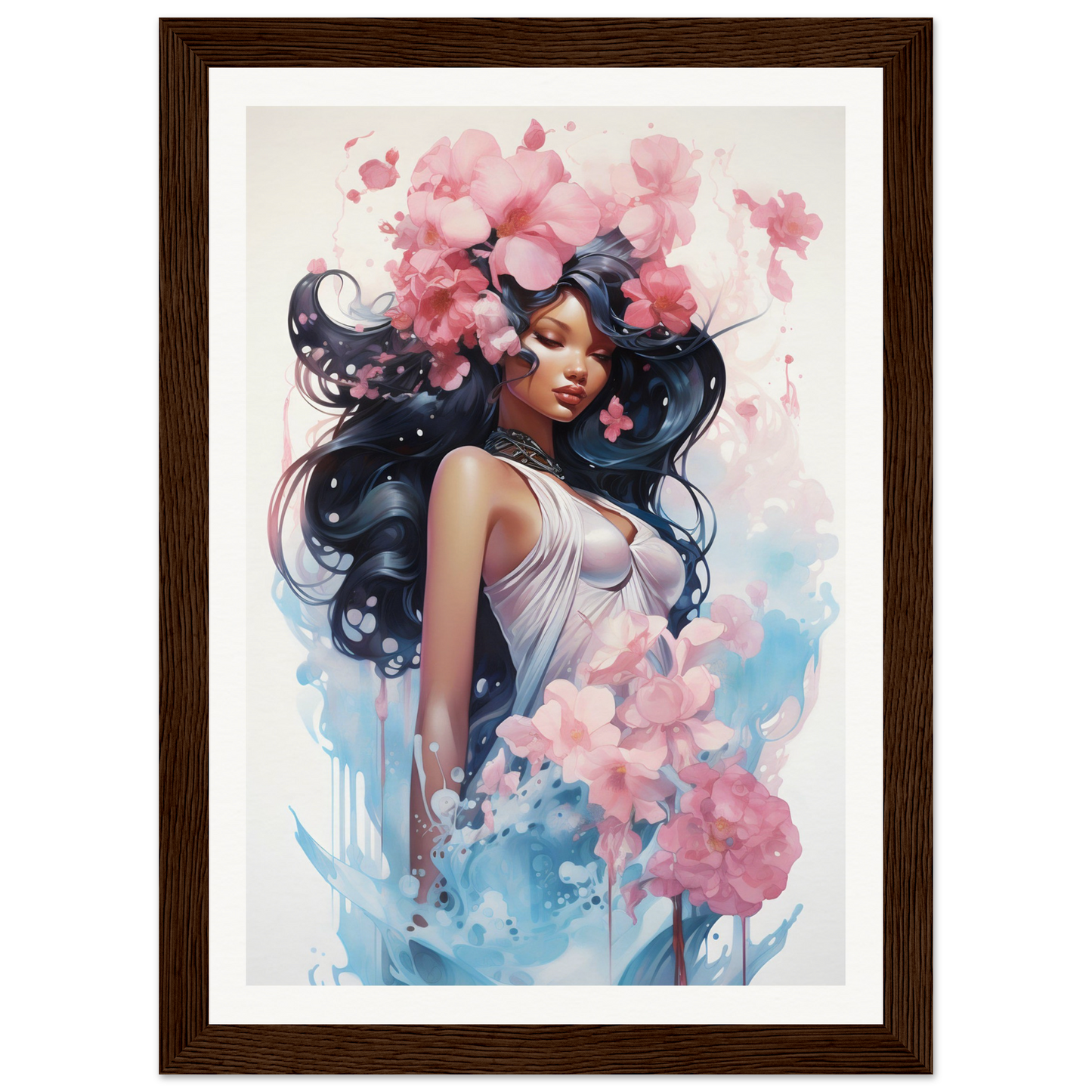 A framed print of a woman with flowers in her hair