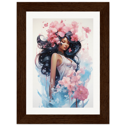 A framed print of a woman with flowers in her hair