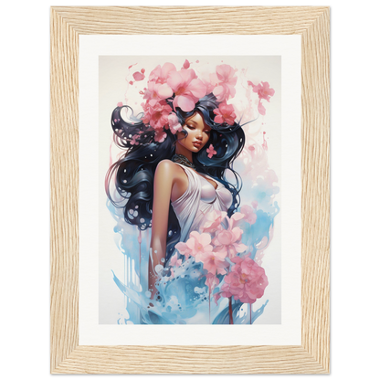 A framed print of a woman with flowers in her hair