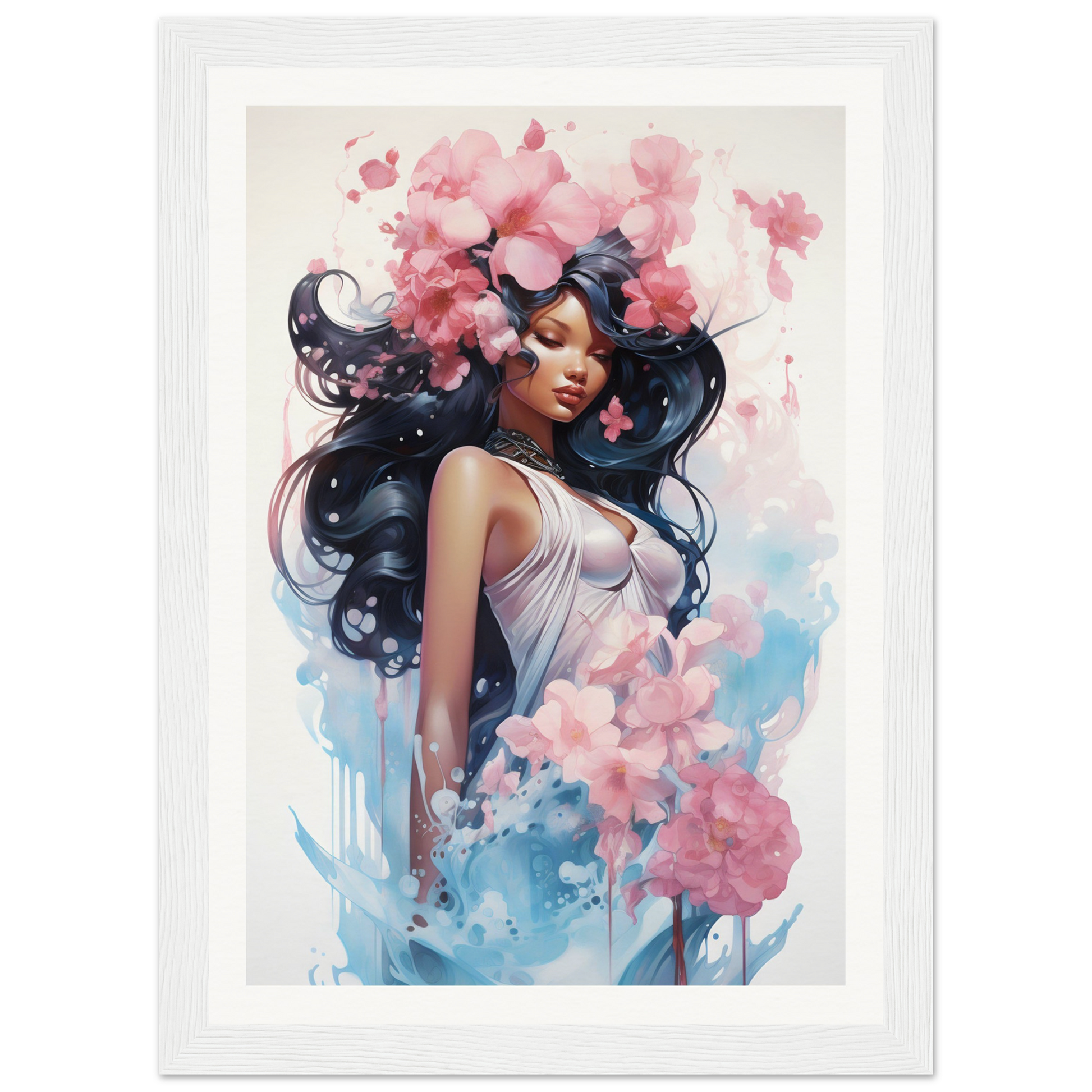 A framed print of a woman with flowers in her hair