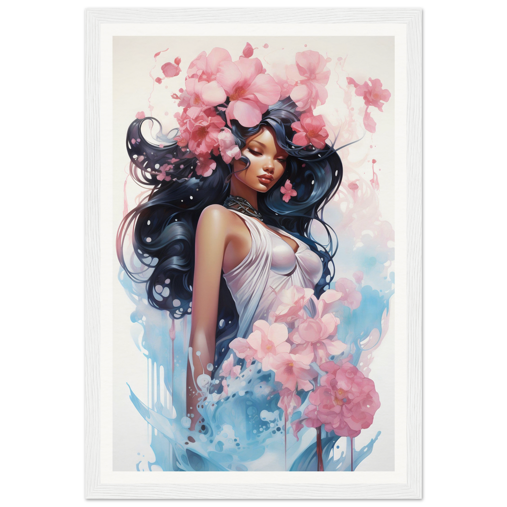 A framed print of a woman with flowers in her hair