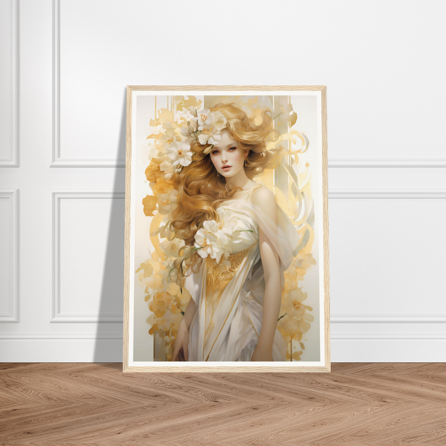 A framed print of a woman with flowers in her hair