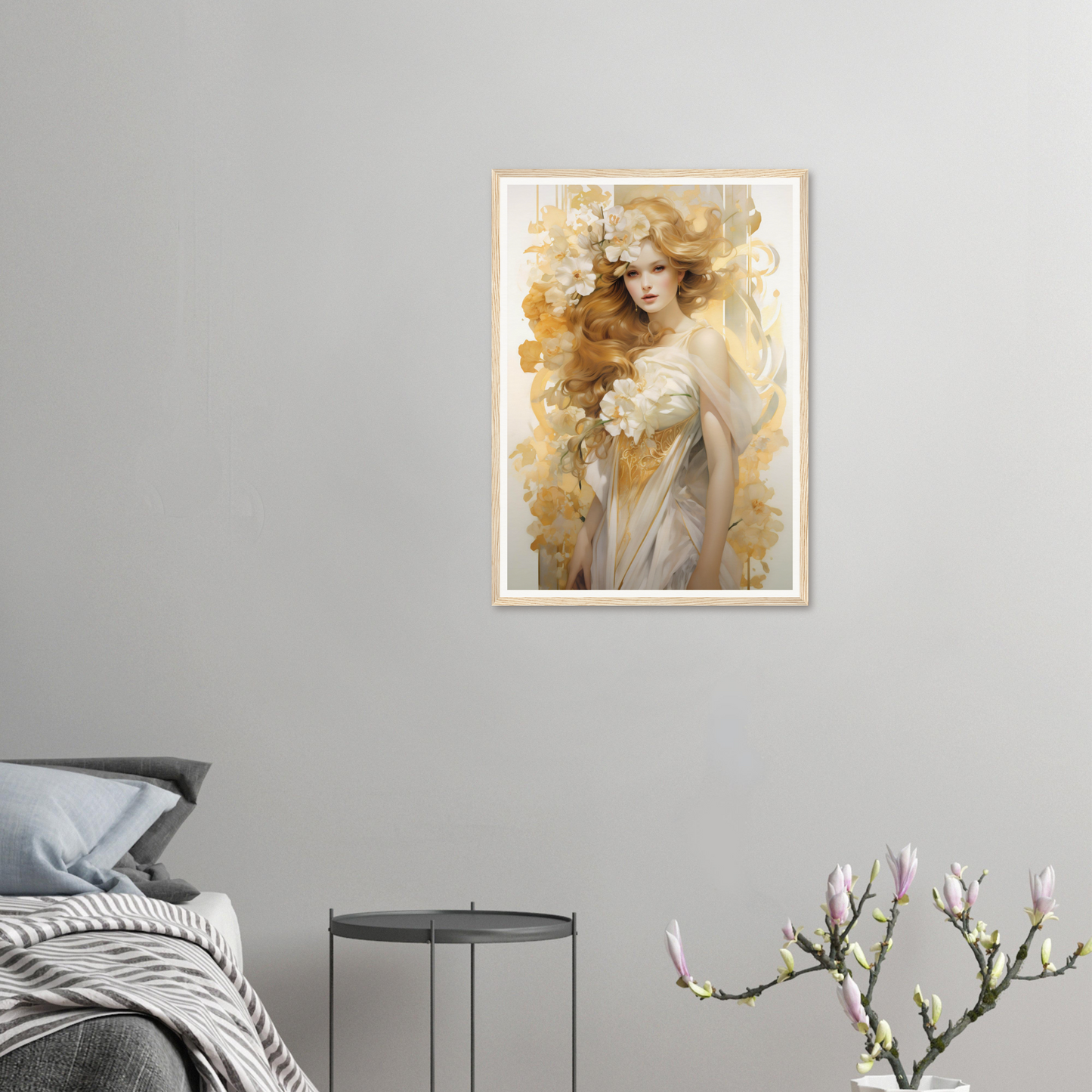 A framed print of a woman with flowers in her hair