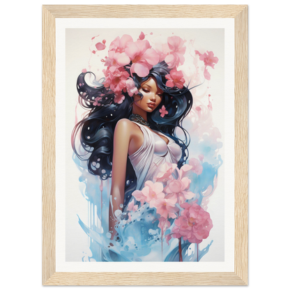 A framed print of a woman with flowers in her hair