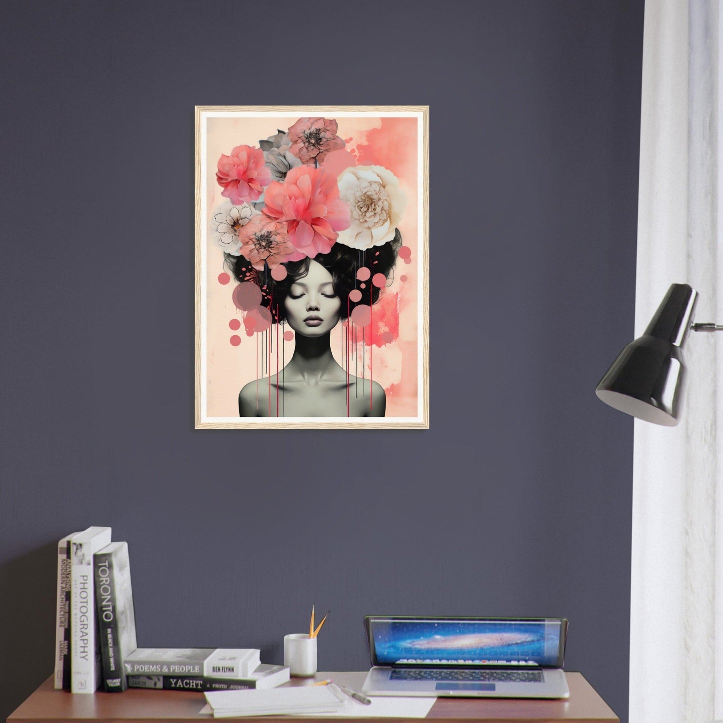 A framed print of a woman with flowers on her head