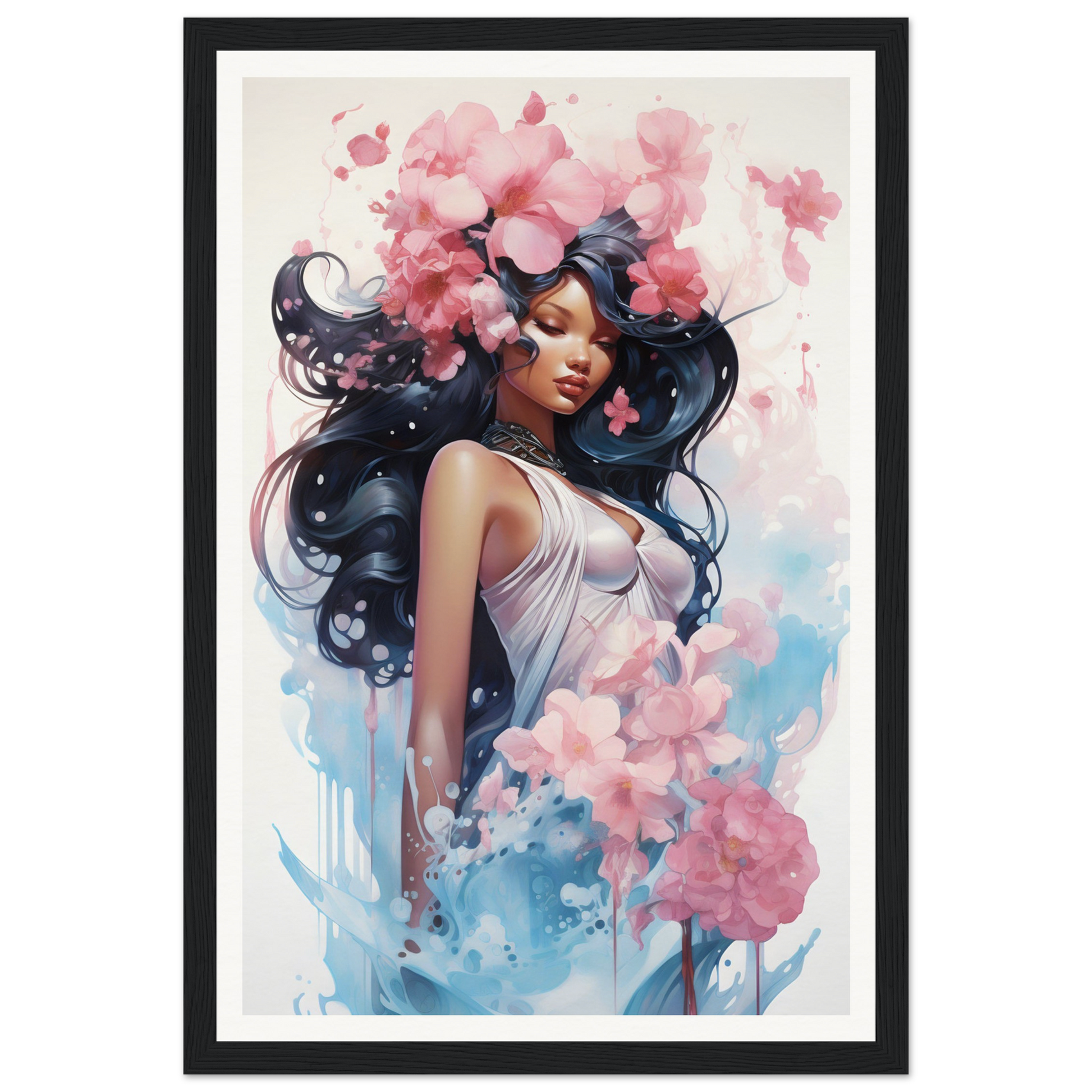 A framed print of a woman with flowers in her hair